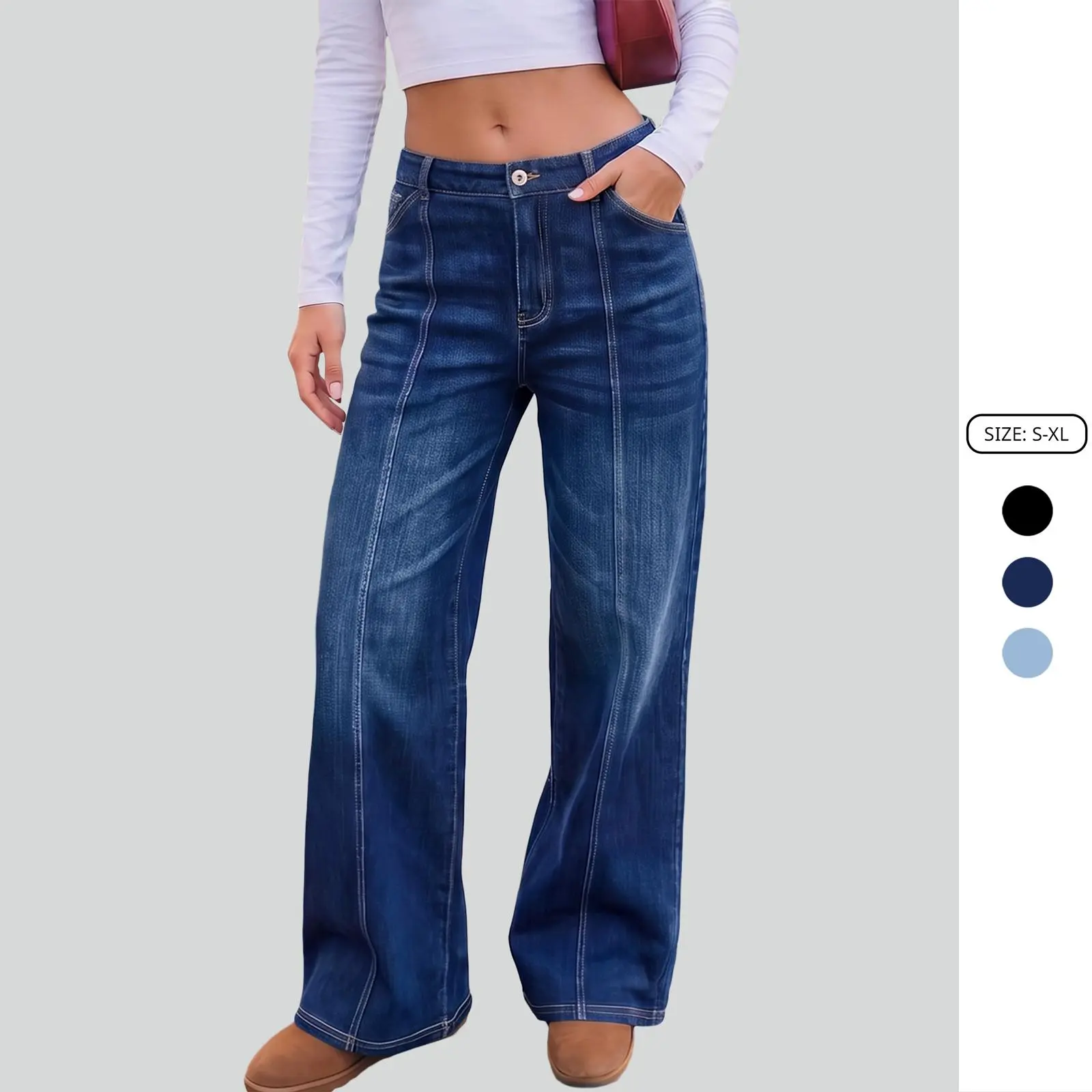 Women's High-Waisted Seamed Wide-Leg Jeans, Vertical Contrast Stitch Loose Straight Denim Pants, Casual Draped Flared Trousers with Pockets