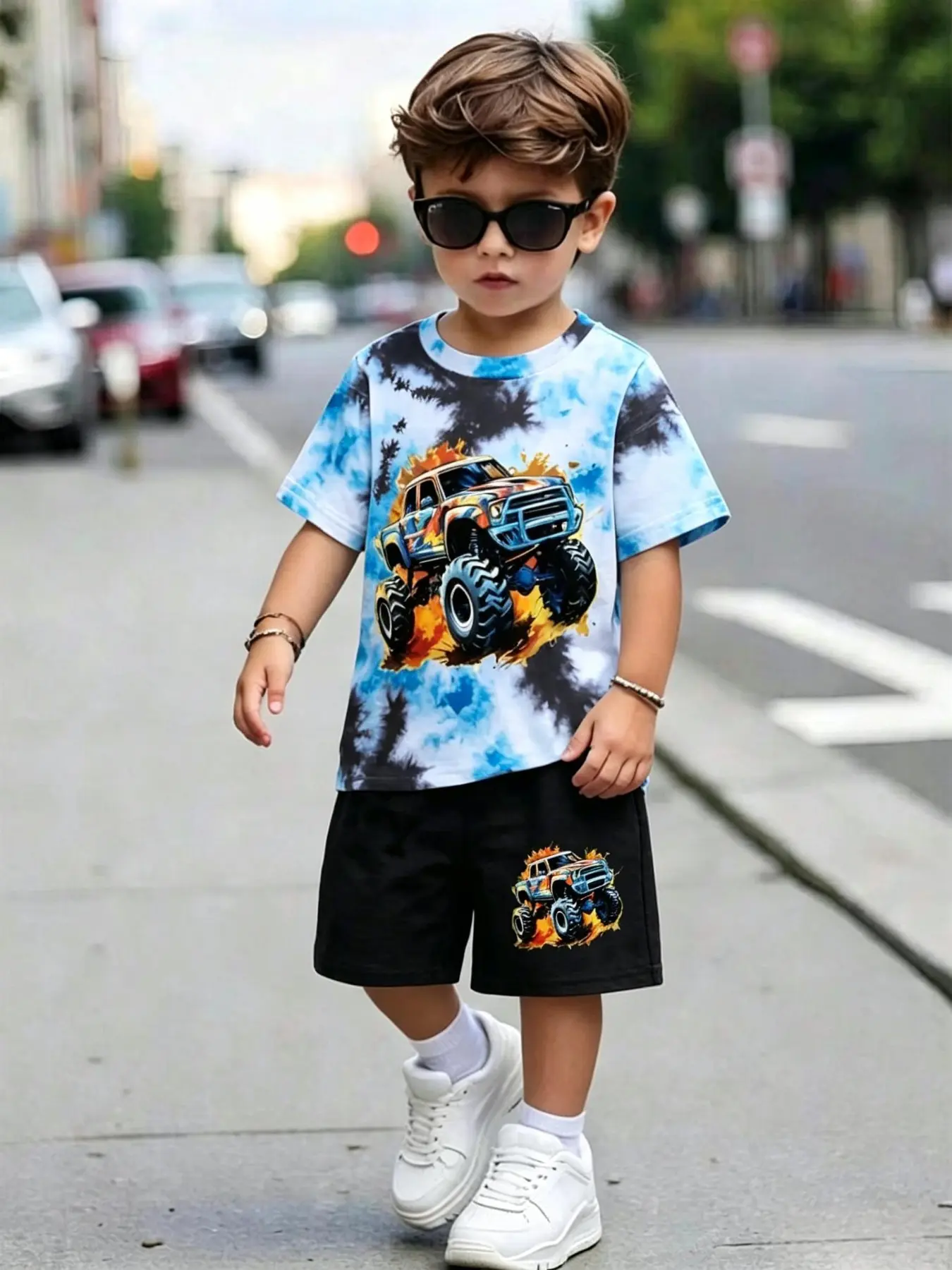 Kids Flame Monster Truck Short Sleeve Graphic Print Combined Set, Boys Fashion Casual T-shirt And Shorts 2 Piece Outfit, Trendy Summer Kids Clothing 2026 New Arrival