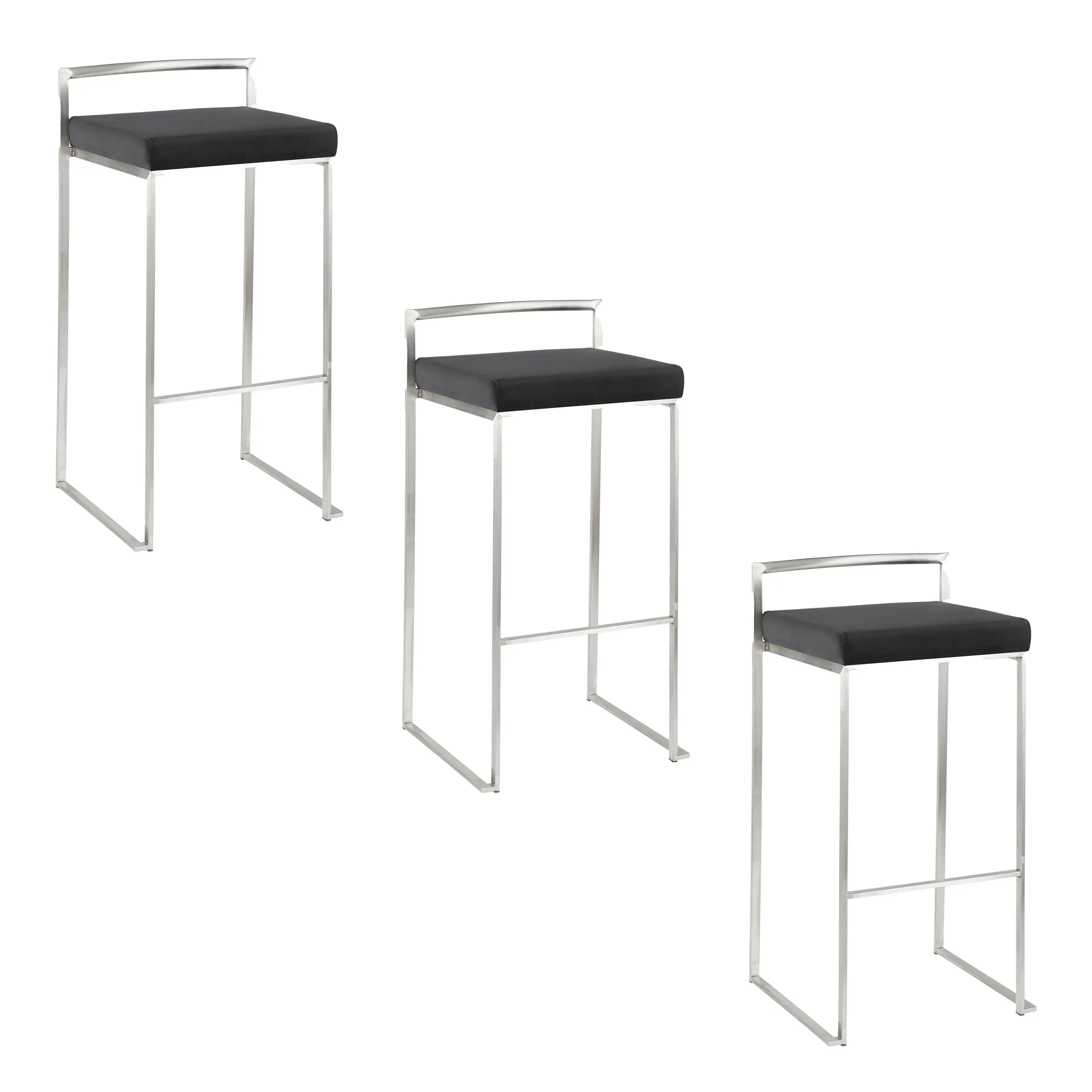 Nokaa 30" Contemporary Stackable Barstool Set of 3 – Stainless Steel Frame with Black Fabric Cushion, Counter Height Bar Stools for Kitchen Island, Home Bar, Dining Room