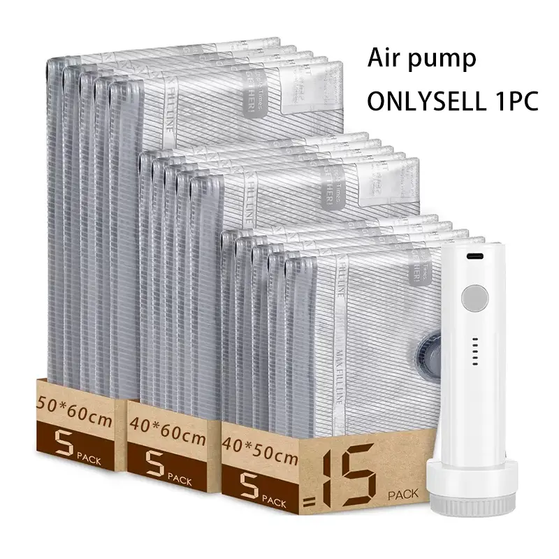 2026 Upgraded Rechargeable Travel Vacuum Bag Set 6/15-Pack Compression Bag for Luggage USB-Powered Handheld Pump Space-Saving, Durable Zipper, Lightweight Storage Box for Clothing and Packing Travel Storage Bags