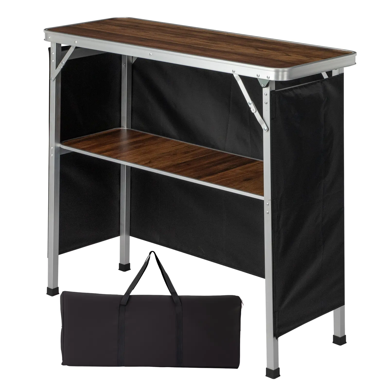 Brown Wood Tone Folding Cocktail Table - Lightweight Rectangle Tradeshow Podium with Reinforced Shelf, Black Skirt, Carrying Bag, 100x38x88cm (39.4x15.0x34.6in), Max 111lbs, Foldable Portable for Indoor-Outdoor Party Exhibition