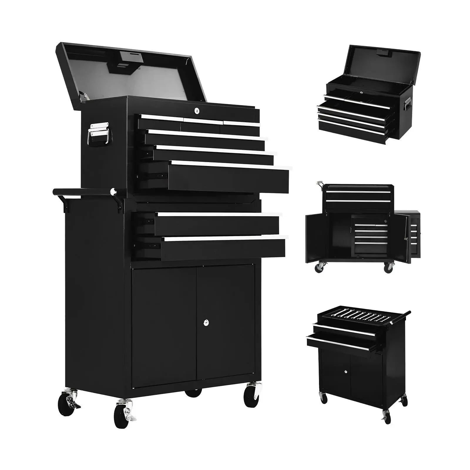 Heavy Duty 8-Drawer Rolling Tool Chest & Detachable Top Cabinet – Steel Tool Storage Organizer with Lockable Wheels, Sliding Drawers & Liners – Ideal for Garage, Workshop, Warehouse