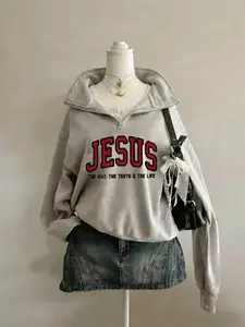 JESUS Aesthetic Half-Zip Baggy Oversized Long-Sleeve Sweatshirt, Y2K Christian Graphic Top, Cozy Fleece Drop-Shoulder Pullover, Vintage Washed Finish, Casual Daily & Streetwear for Women