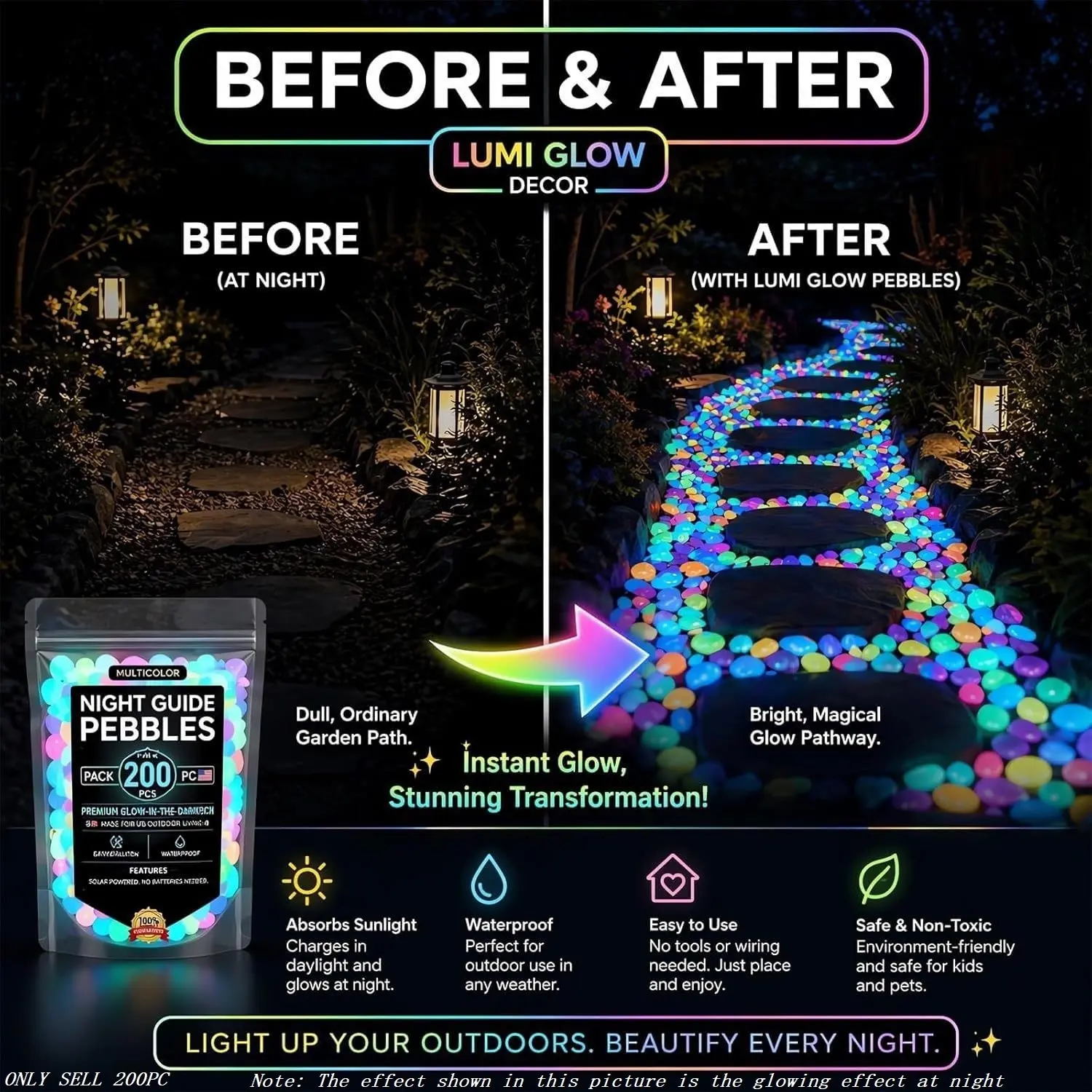 200pcs/600pcs Creative DIY Colorful Glow Garden Stones, Decorative Stones, Night Light Pebbles, Outdoor Courtyard & Aquarium Decor