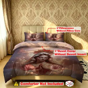 The 3-piece prayer Virgin Mary-themed bedding set includes one quilt cover and two pillowcases, without fillings. It's soft and comfortable, suitable for single beds and double beds, and ideal for use in bedrooms, dormitories, and hotels.