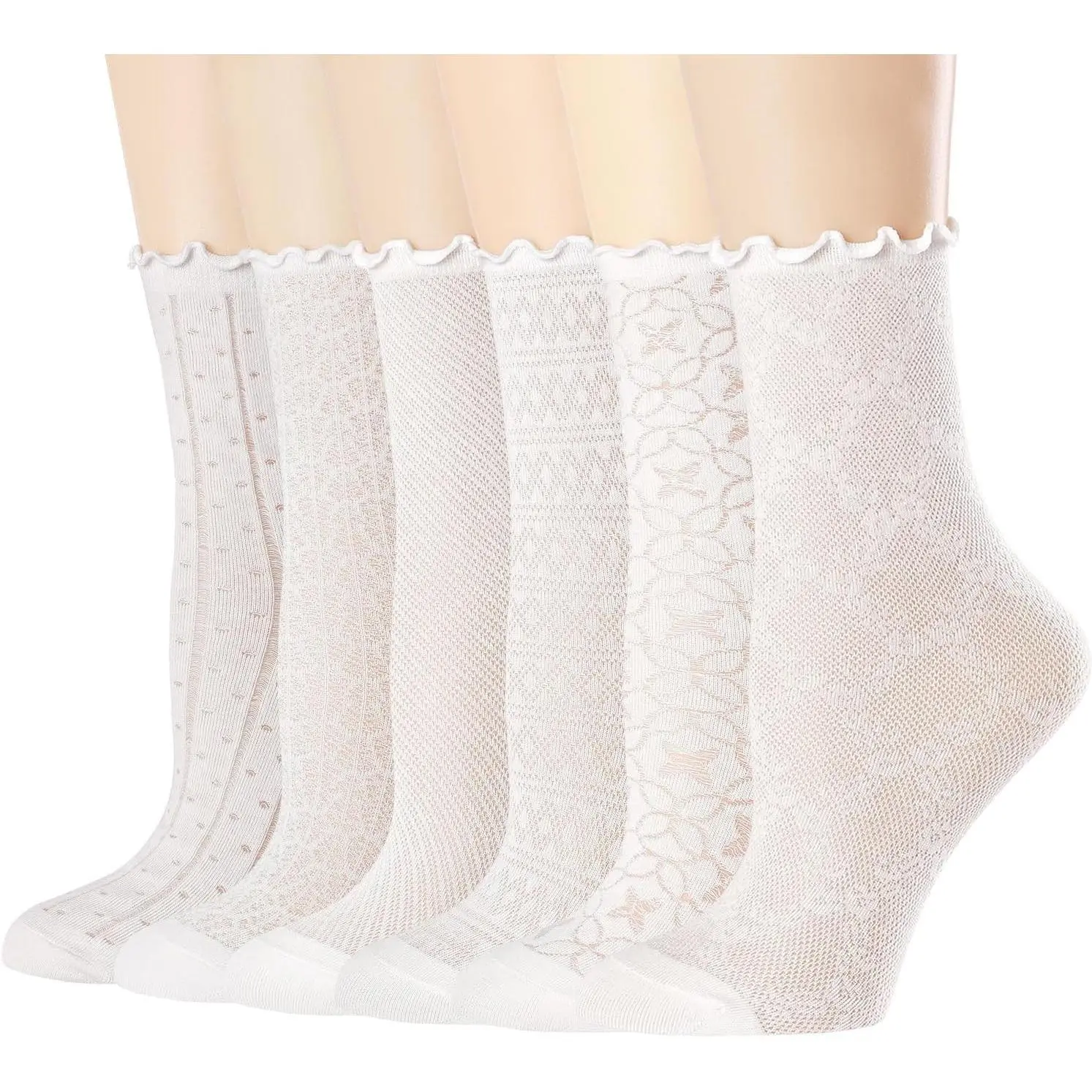 Women's Ultra Thin Cotton Ankle Socks - Ruffle, Mesh, Lace, Frilly Style - Slip-Resistant, Leaf Pattern, Matching 6-Pair Set (Home Supplies Accessory)