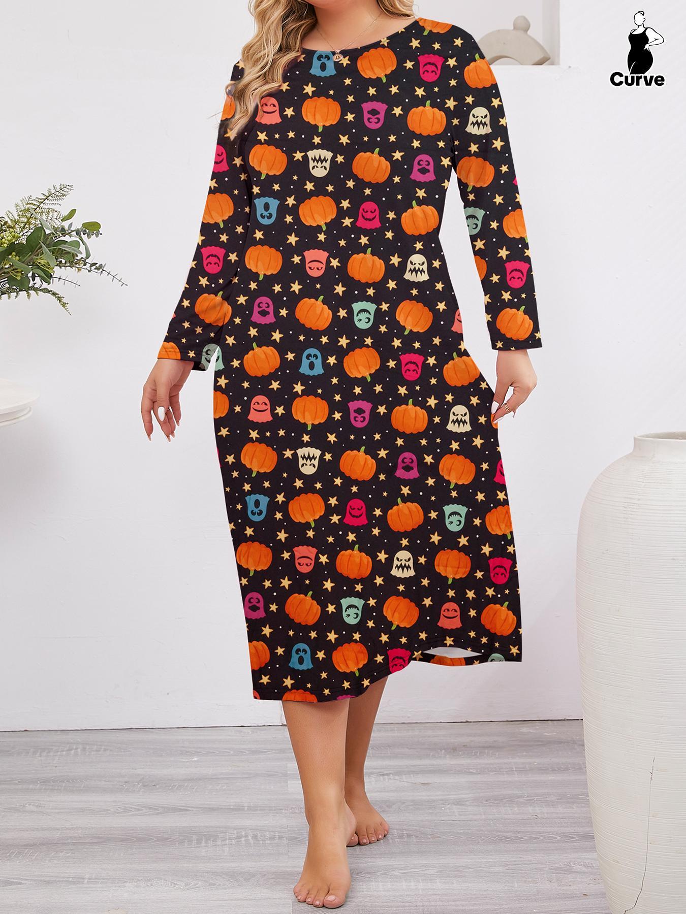 Plus Size All Over Print Round Neck Nightdress, Casual Long Sleeve Nightgown, Women's Sleepwear for Spring & Fall