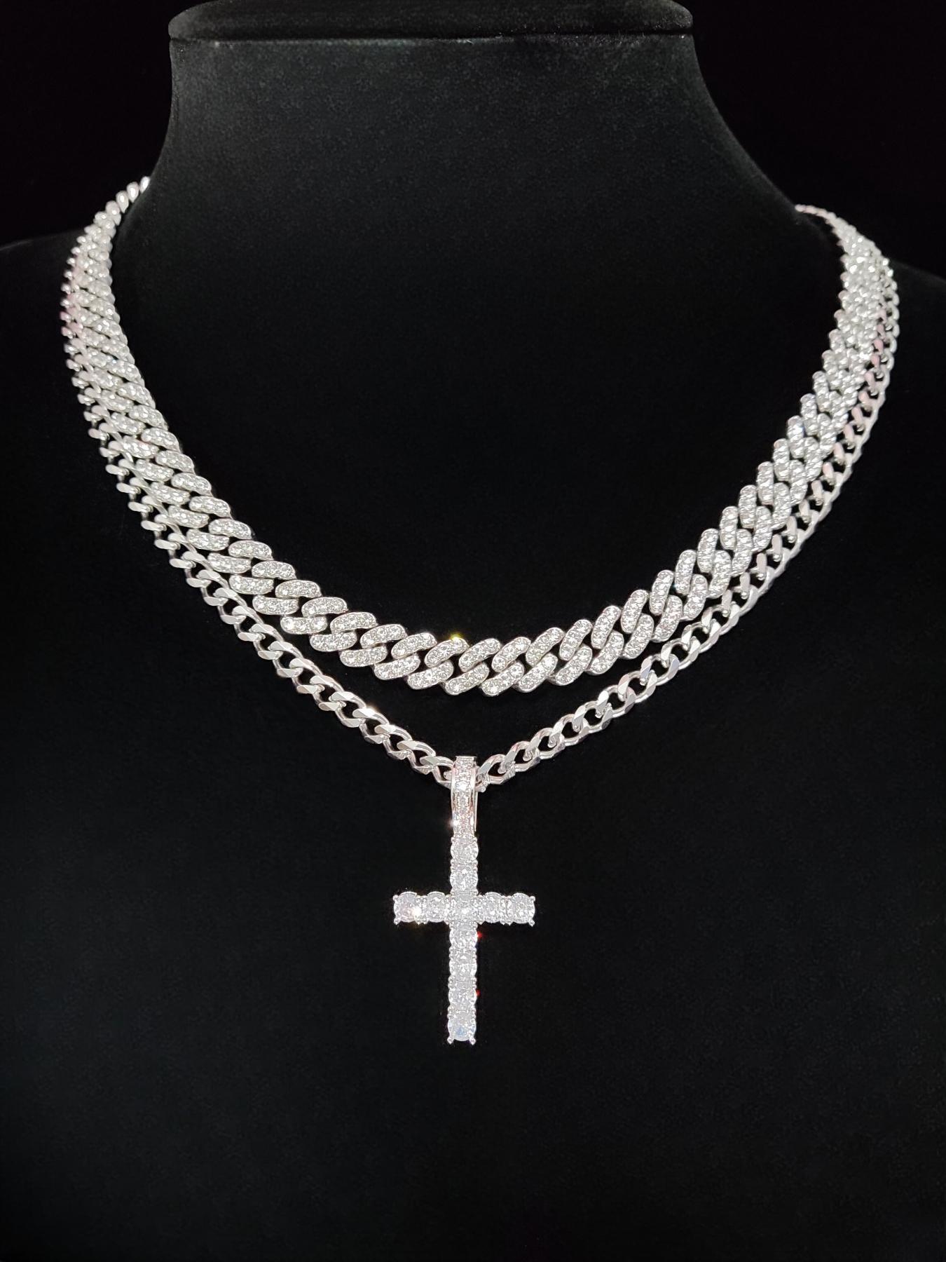 Street Style Artificial Zircon Inlaid Iced Out Cross Pendant & Cuban Chain Necklace, Fashion Jewelry for Party, Daily Clothing Decor, Trendy All-match & Exquisite Jewelry for Birthday Gift