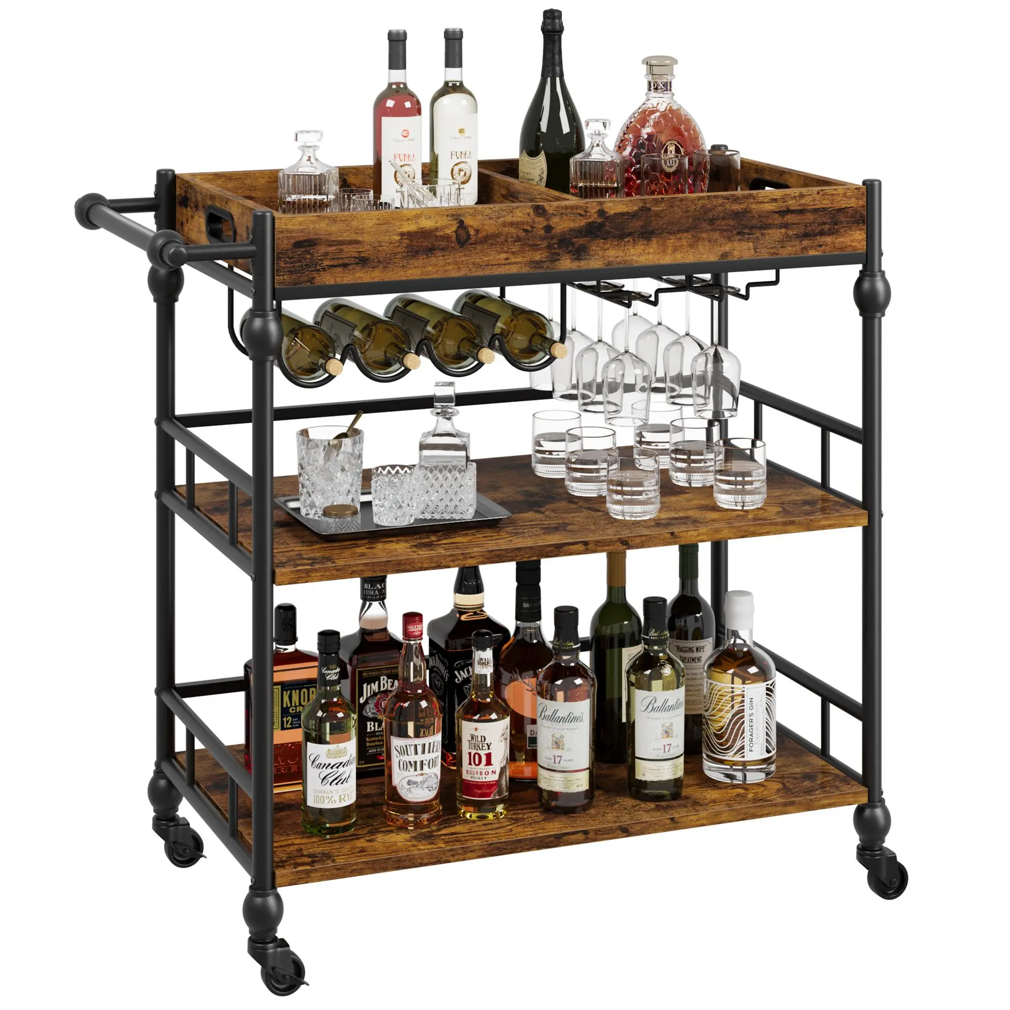 Sturdy Metal 3-Tier Rolling Bar Cart with Wheels - Classic Retro Beverage Trolley, Wine Rack, Glass Holder, Detachable Top Tray, Storage Organiser for Bottles, Parties in Kitchen, Living Room (Brown)