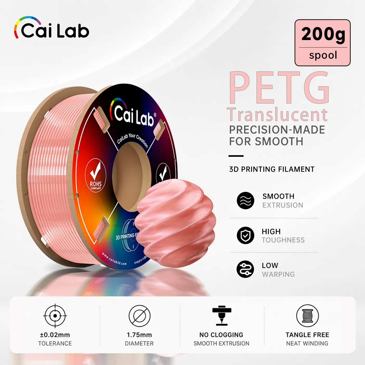 Cailab Petg Semi-Transparent Durable Precision Filament 1.75mm 200g, No Clogging, Ideal for Robust 3D Printing, High Impact Strength