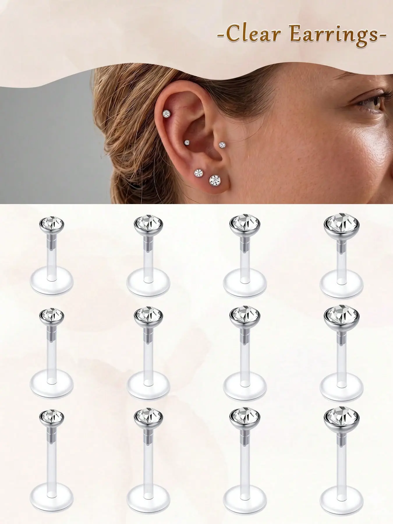 16Gauge Clear CZ Lip Rings Lip Piercings Cartilage Earrings Stud Tragus Piercing Jewelry Flat Back Flat Pierced Jewelry Labret Ring for Women 6mm 8mm 10mm Sport UV Medusa Philtrum Monroe Studs Helix Earring For Daily Wear