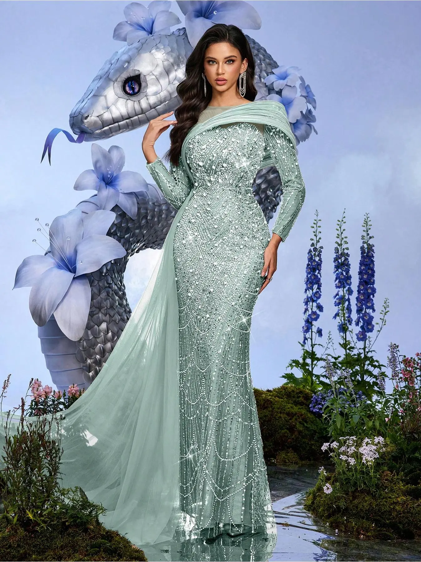 Party Gown Champagne Color Color Sequins Beaded Long Sleeve Slim Chic Elegant Formal Gown Dresses For Dinner Party, Banquet, Cocktail Party (Heavily Embellished)