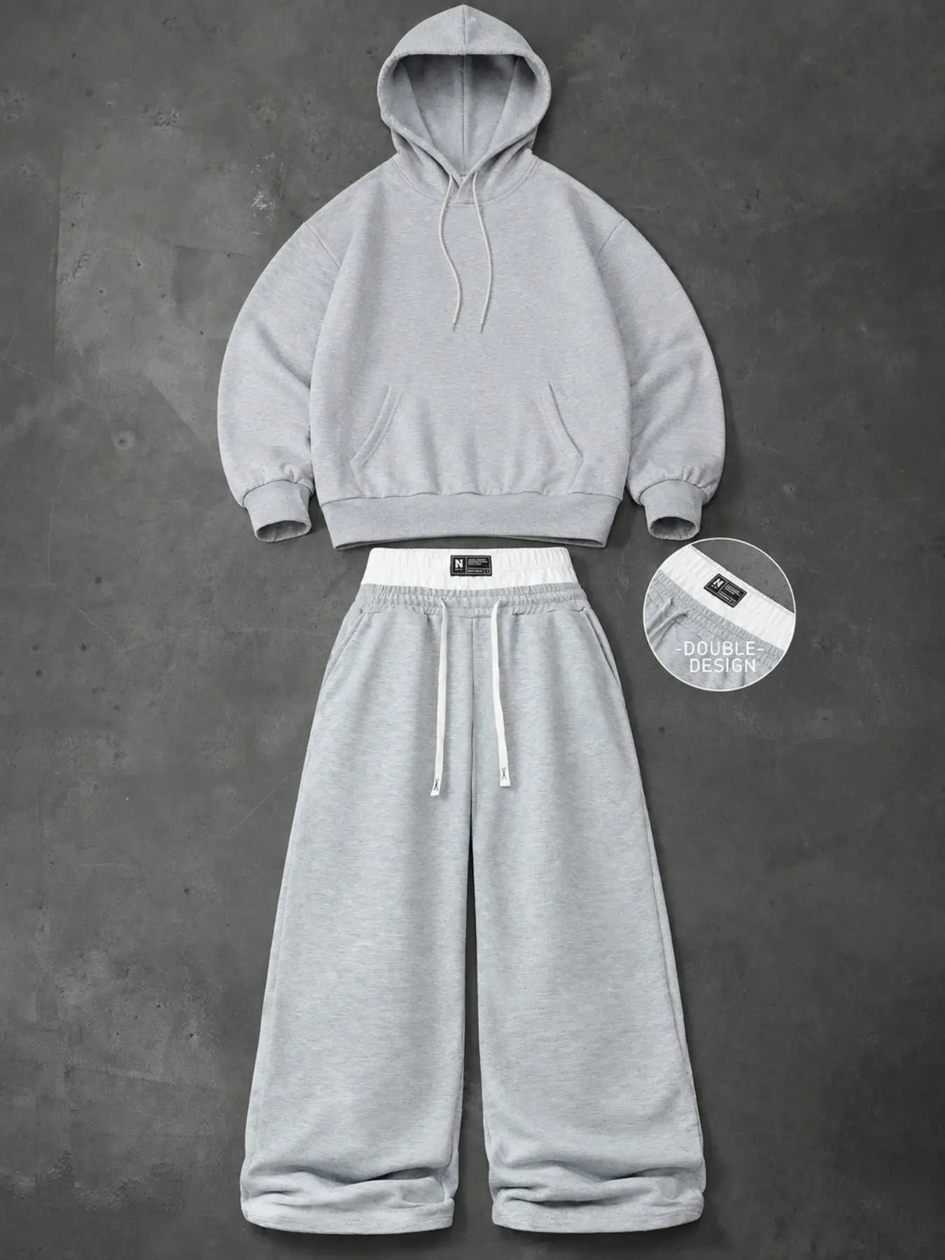 Heather Grey Men Oversized Tracksuit Matching Set, Fake Two‑Piece Waist Wide Leg Sweatpants With Drawstring, Cozy Soft Hooded Sweatshirt 2 Piece Outfit, Baggy Streetwear for Autumn Winter Daily Going‑Out Loungewear