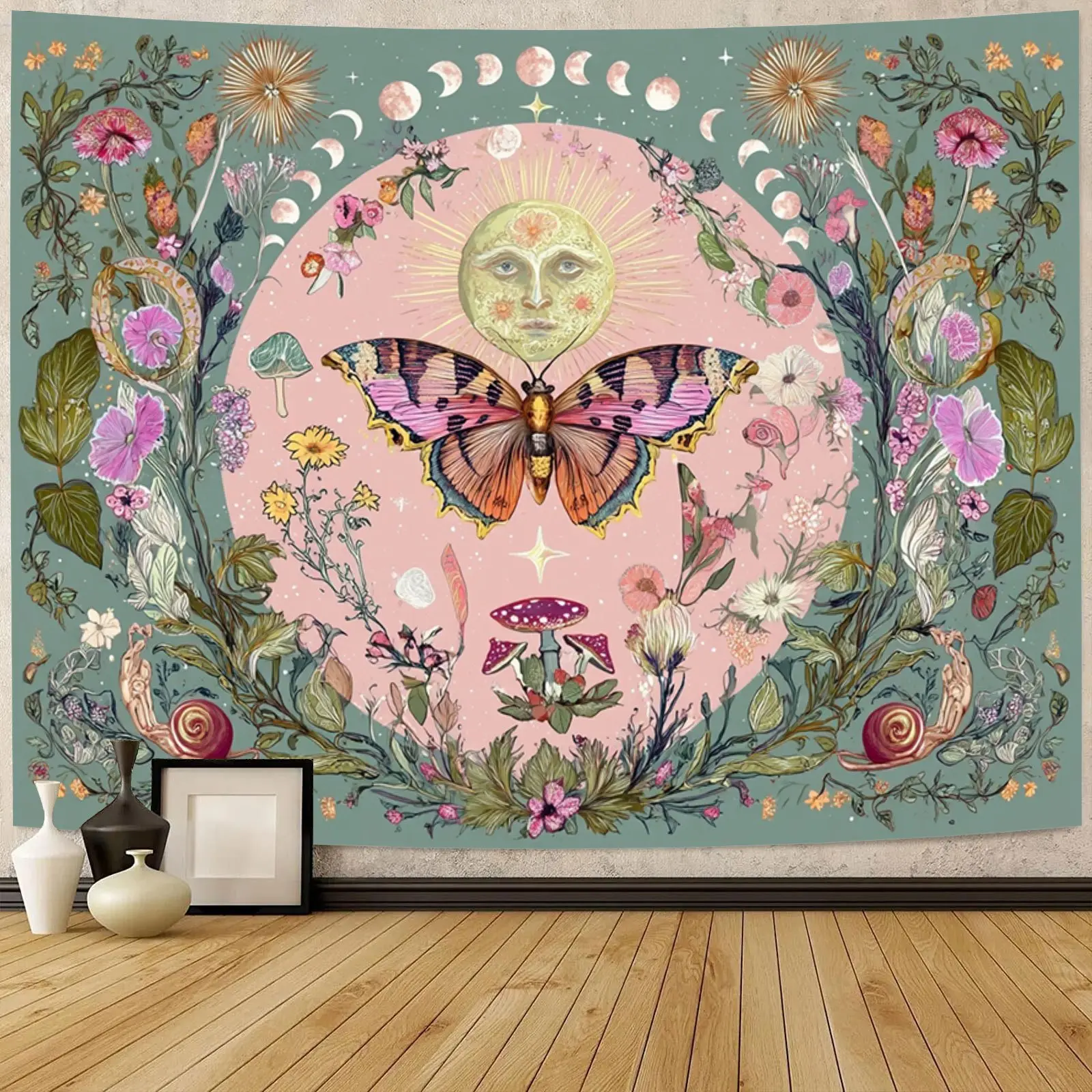 Boho Sun Moon Tapestry Wall Hanging - Vintage Aesthetic Home Decor with Butterfly Floral Mystical Nature Print, Smooth Lightweight Cloth Accent for Bedroom, Dorm Hippie Wall Art