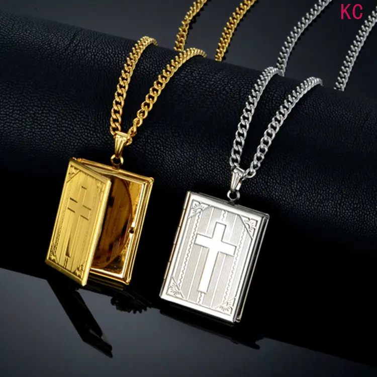 Brass Cross Locket Pendant Necklace, Openable Photo Frame Neck Jewelry For Daily Personalized Matching
