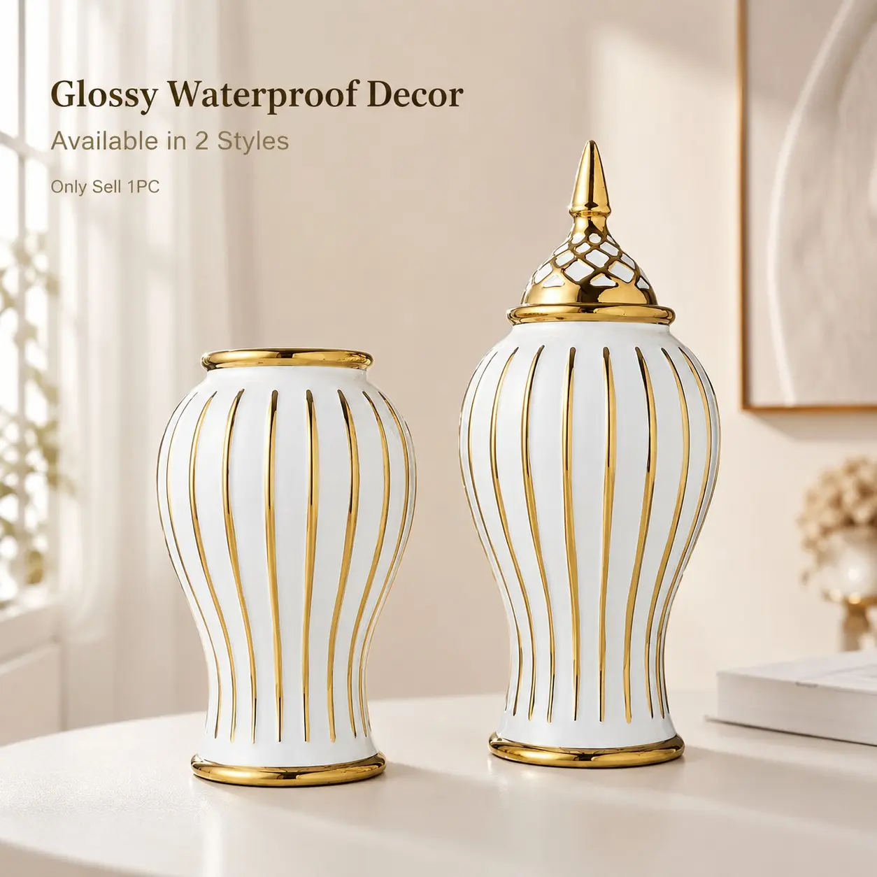 Striped Ceramic Vase Set, Bright Floral Container, Modern Vase, Flower Vase, No-Hole Water Storage Design, Luxurious Desktop Decor, Home Decor Vase, 24cm & 33cm Sizes, Ceramic Vases for Home Decor, Decorative Vase