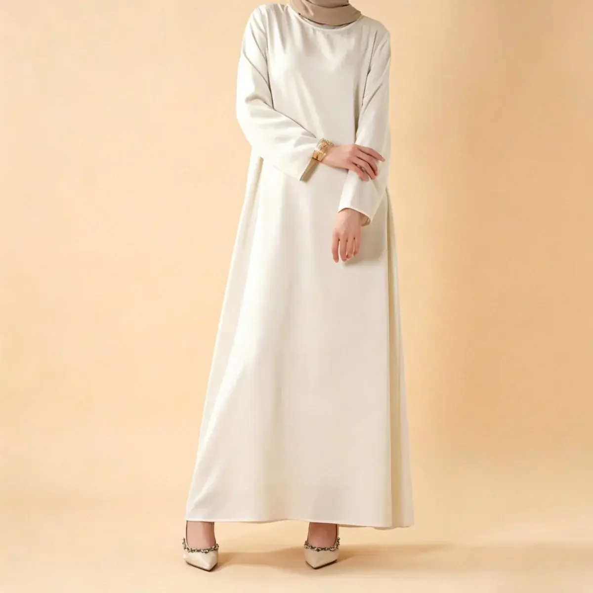 Women's Modest Fashion 1-Piece Lightweight Satin Floor-Length Dress, Round Neck, Long Sleeve, Full Coverage, Casual Elegant Islamic Inner Dress (MA061), Modestfashion, Modest Style, Satin Tunic Dress