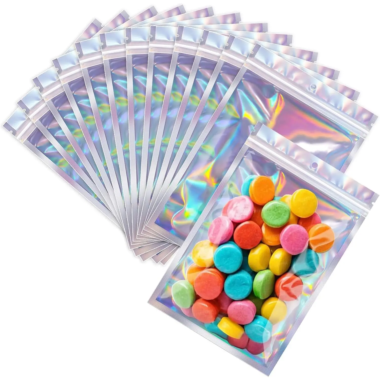 100 count Holographic Mylar Bags, Sealable Odor Proof Foil Pouch Bag with Clear Window, Small Bussiness Packaging Supplies (2.4 x 4 Inch)