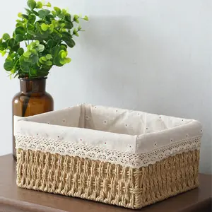Bohemian Style Woven Storage Basket Set, Handmade Cosmetic Organizer, Vintage Country Style with Fabric Lining, Stackable Rectangular Box