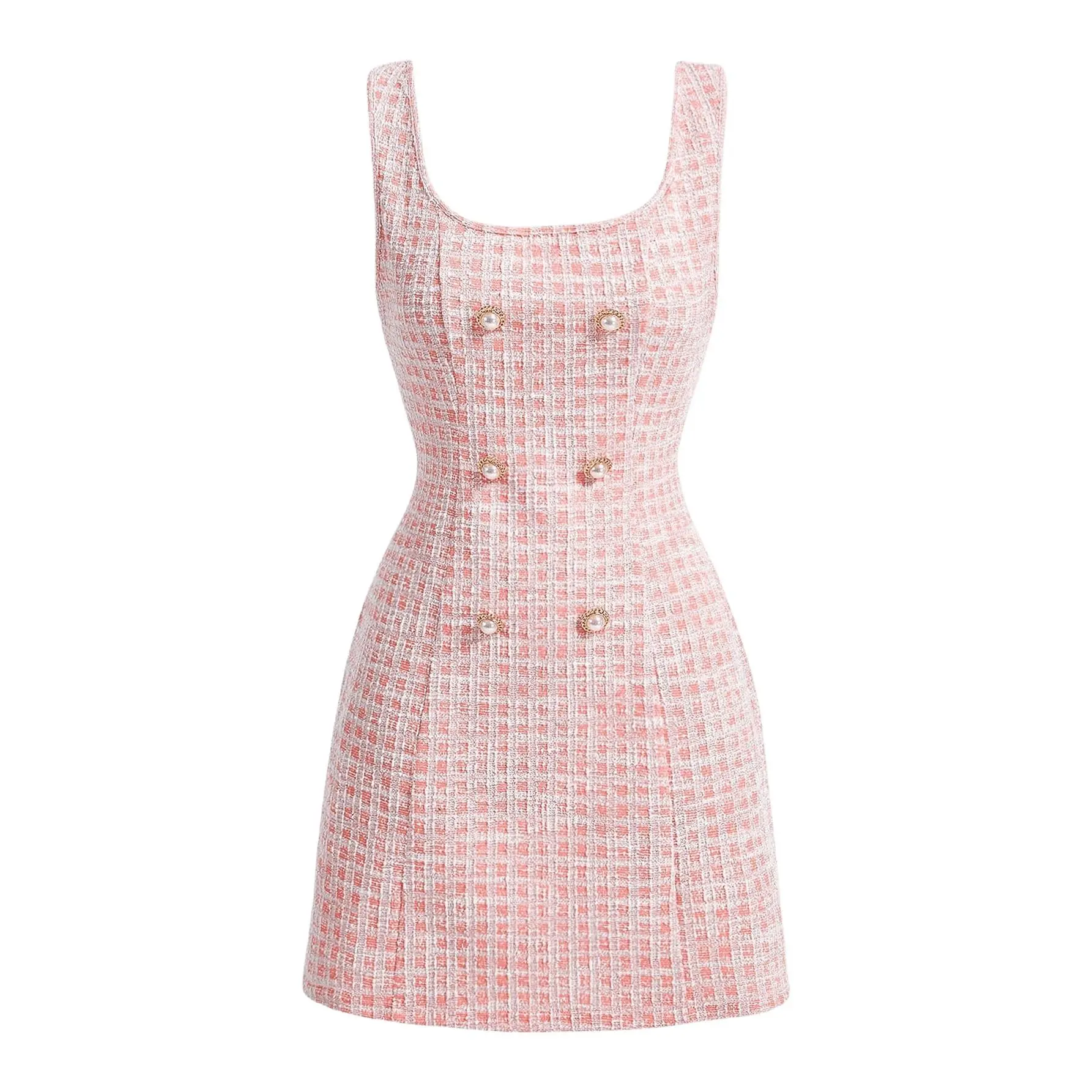 Women's Sleeveless Square Neck Plaid Tweed Mini Dress - Button-Front, Comfy, Breathable, Soft, Elegant Work & Casual Wear Ready-To-Wear Garment