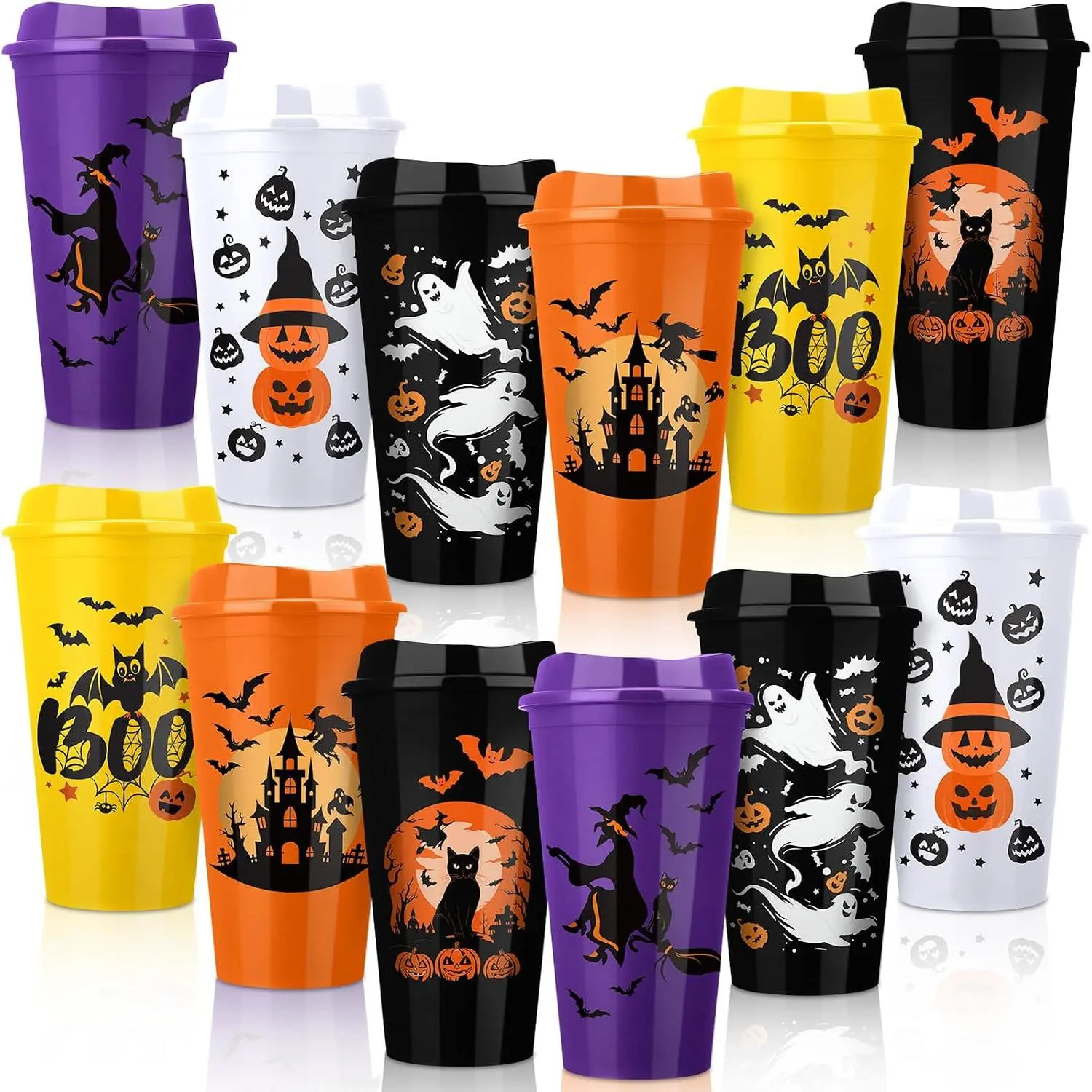 12 Pack Halloween  Coffee Cup  Bulk 16 oz  Bat Pumpkin Black    Tumblers with Lid Plastic Cups Travel Coffee Mug Thank You Gifts for Hot and Cold Drinks