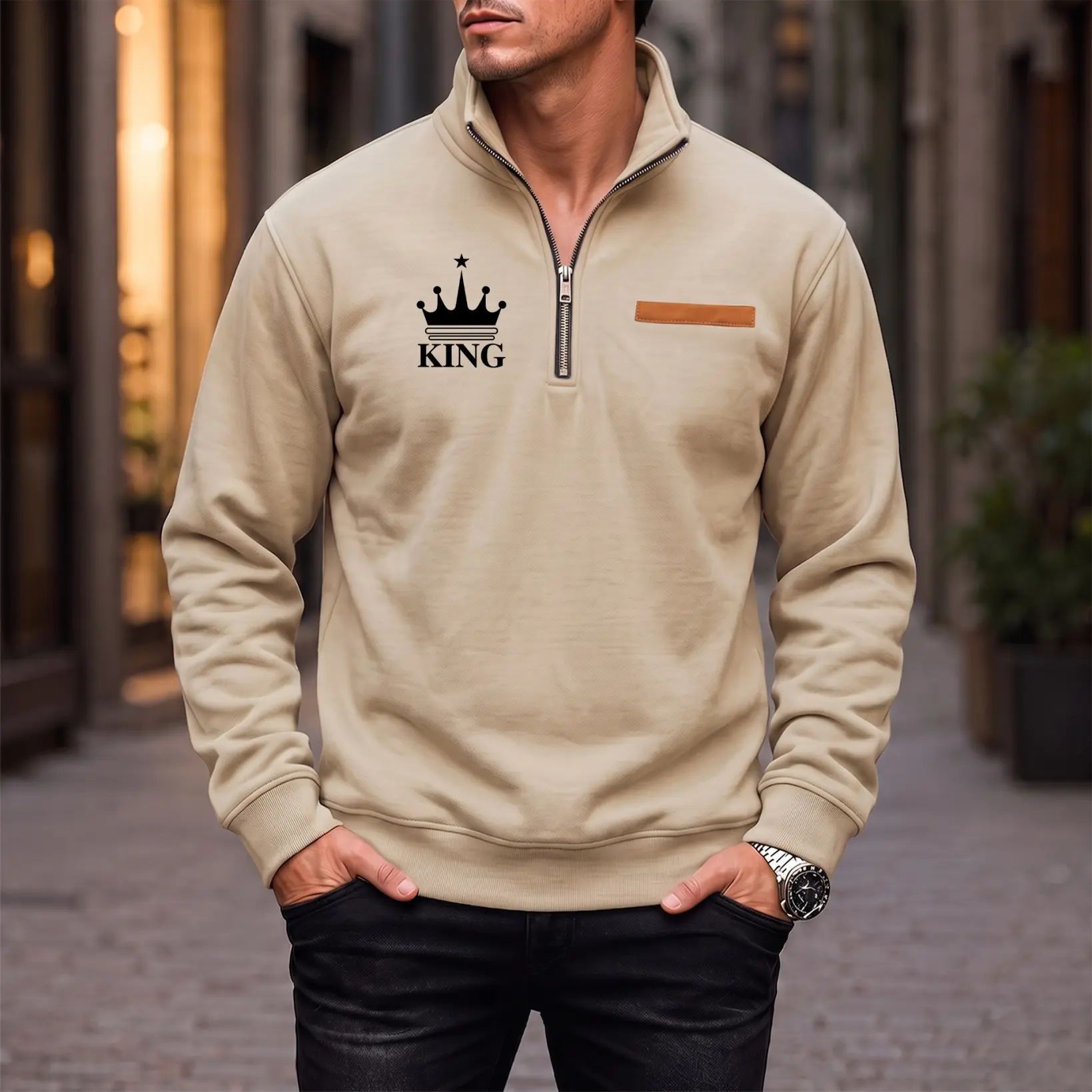 Men's Crown Graphic Quarter-Zip Fleece-Lined Stand Collar Longsleeve Menswear Sweatshirt - Soft, Loose, Stylish Warm Fall Winter Casual Tops for Daily Wear, Hiking, Longsleeves