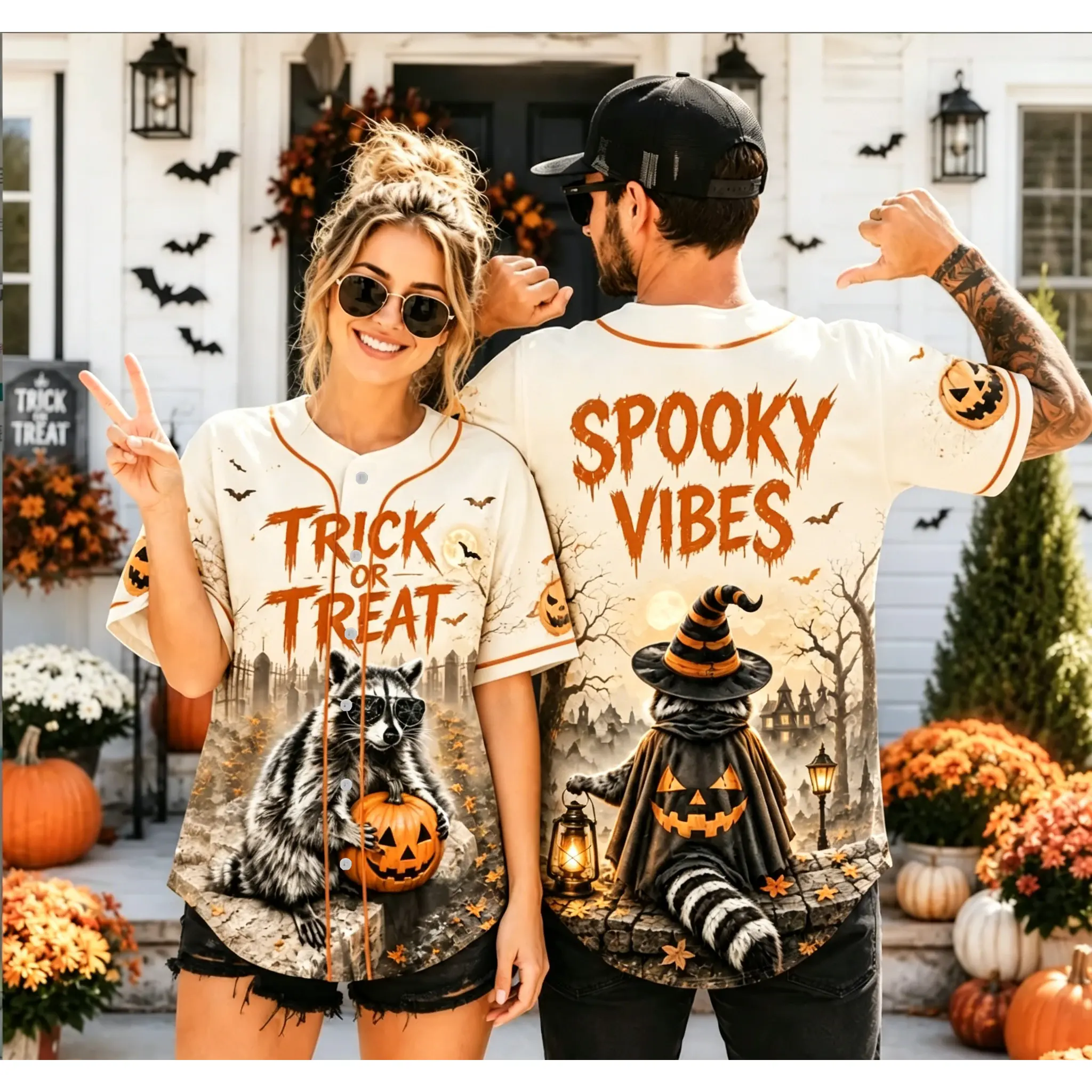 Unisex Halloween Raccoon Baseball Jersey, Trick Or Treat Spooky Vibes Pumpkin Bat Full Print Short Sleeve Button Shirt, For Adults & Teens,Cute Witch Raccoon Pumpkin Graphic Top For Couple & Family Halloween Costume # UnisexHalloweenJersey