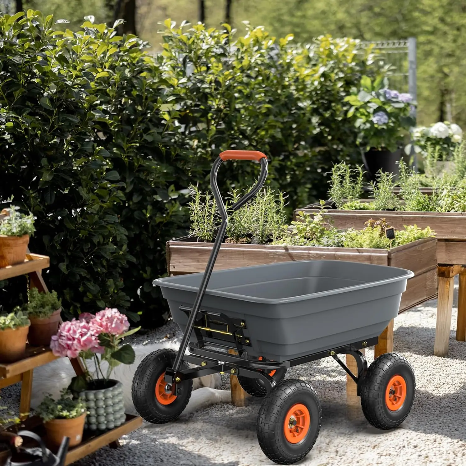 Karlhome 300lbs/440lbs Poly Garden Cart Dump Wagon, Heavy Duty Yard Dump Cart Wagon, 4 Wheel Wheelbarrow with 10in All Terrain Wheels, Steel Frame and Quick Release System, Gray
