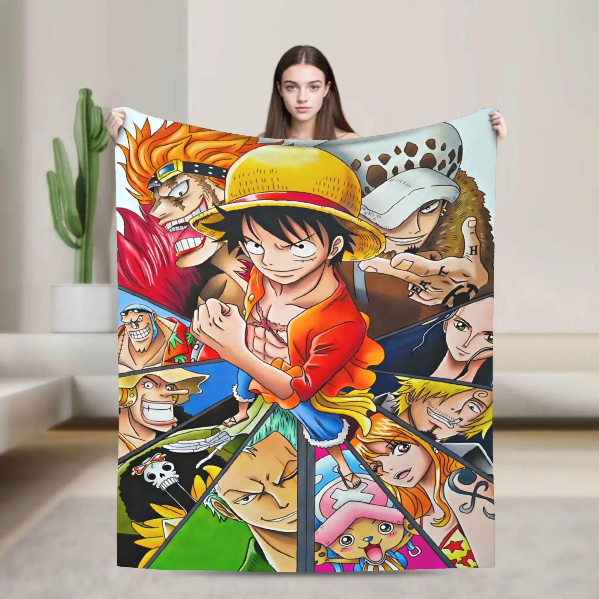 One Piece Anime Flannel Blanket, Luffy Straw Hat Crew & Worst Generation Collage Print Throw Blanket for Bedroom Couch