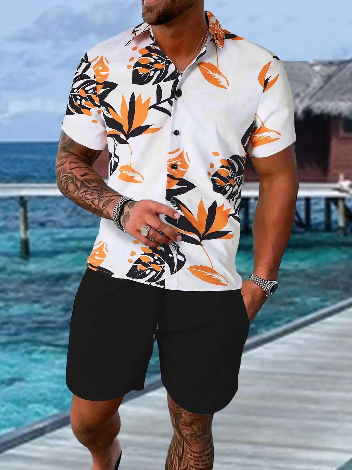 Two-Piece Set Matching Base Tropical Palm Print Short Sleeve Shirt and Shorts, Casual Island Vacation Style, Ice Silk Fabric, Cuban Collar, Menswear