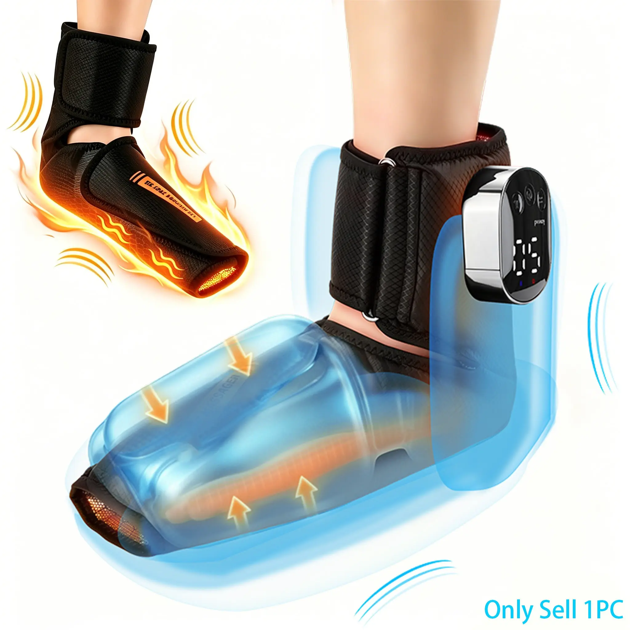 Portable Air Compression Foot Massager with Heat, Cordless Chargeable Heated Ankle Massager Wrap with 3 Heat Levels & 3 Airbag Modes, Ankle Compression Boot for Deep Relaxation, Gift for Women Men