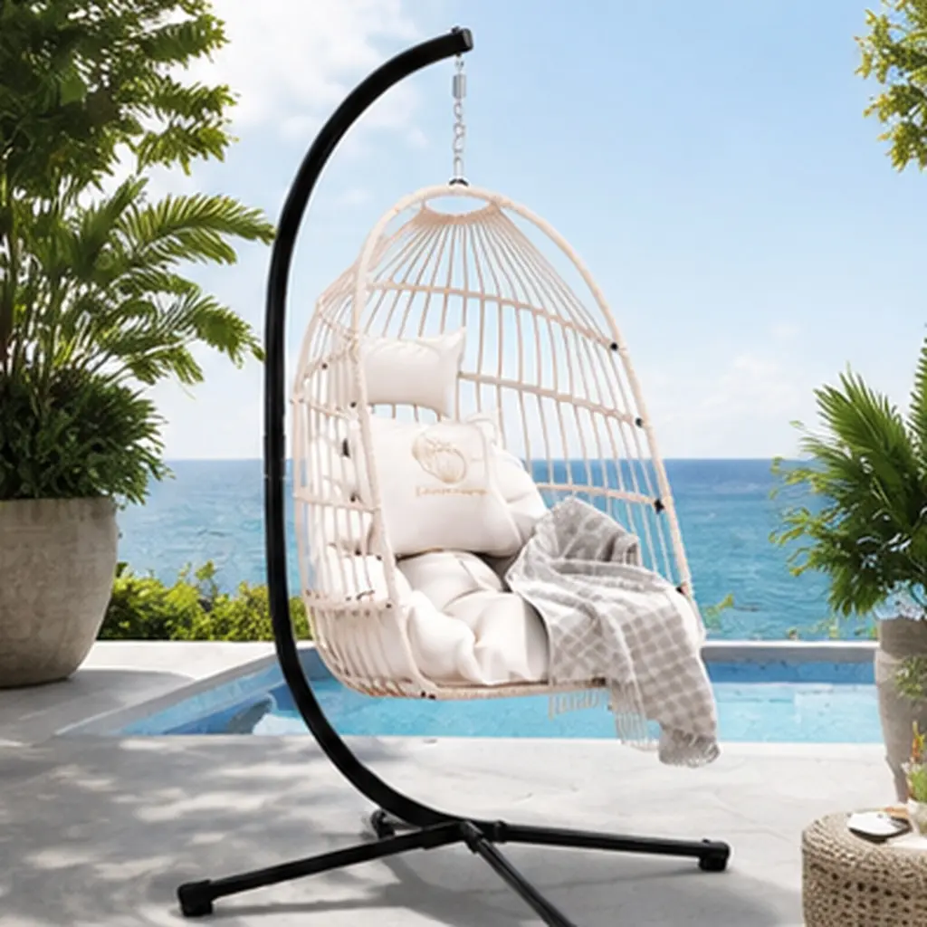 ARCH Foldable Hanging Egg Chair, Heavy Duty Aluminum-Steel Foldable Stand, Cushioned Pillow, Headrest, HDPE Wicker Cushion, 350lb Capacity, White, for Garden, Balcony, Outdoor Patio