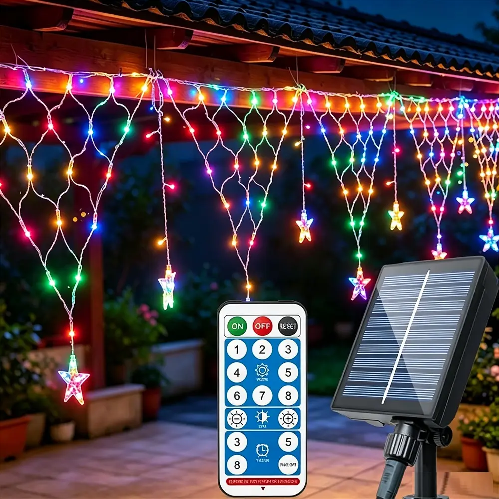 Solar Net Lights Outdoor Curtain Fairy LED Light String with Hanging Stars for Wedding Party Holiday Christmas Decoration
