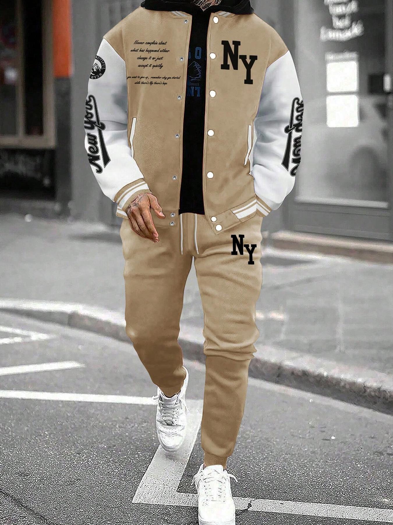 Men's Letter Print Baseball Jacket Long Sleeves & Sweatpants Two-Piece Set, Regular Fit Casual Fashion Cozy Breathable Two Piece Outfits for Daily Outdoor Wear, Men Clothes for Fall & Winter