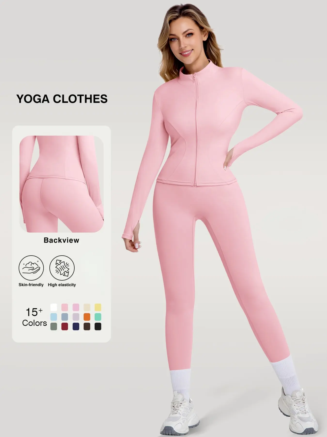 Women’s 2 Piece Workout Set Zip Up Jacket and High Waisted Leggings, Long Sleeve Activewear Matching Set with Thumb Holes, Yoga Athletic Lounge Outfit