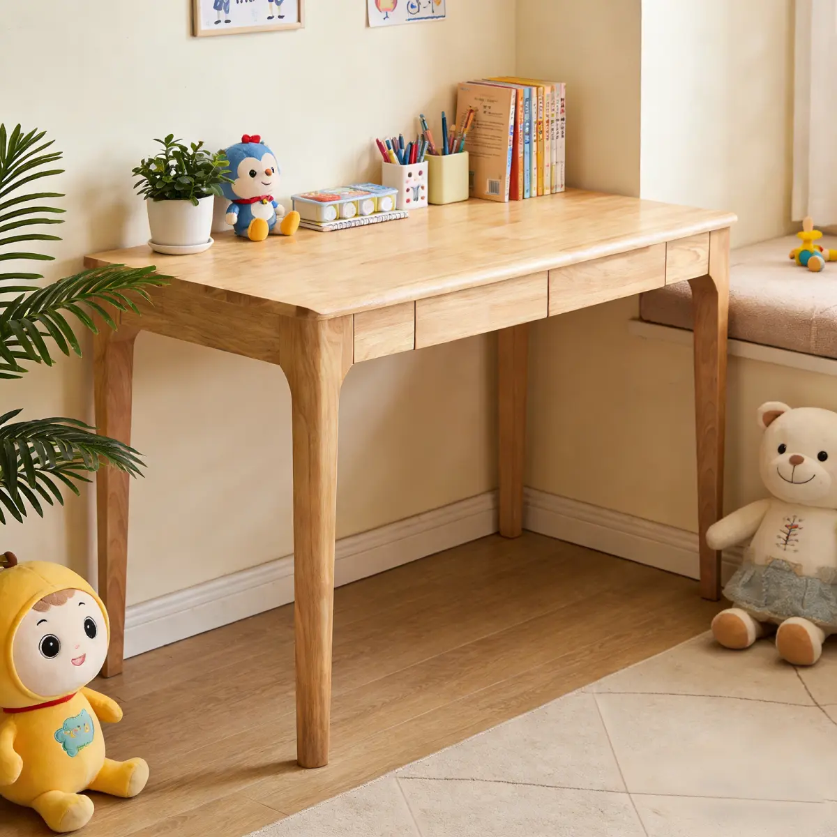 [Bellemave] Solid Wood Desk with Drawers, Standing Desk with Smooth Edges, Home Office Desk for Small Spaces, Mid Century Modern Desk for Study, Bedroom, Living Room, Office