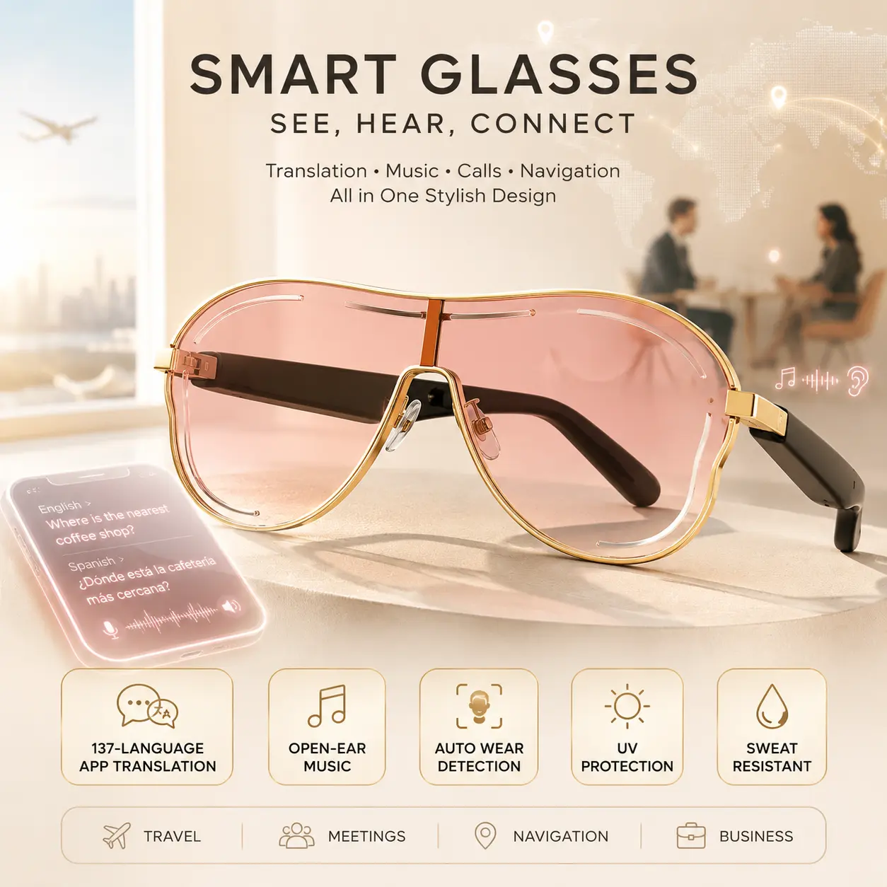SG01 Model AI Bluetooth Wearable Smart Glasses - 137-Language App Translation, Open-Ear Music Playback, Automatic Wear Detection, UV-Protective Sunglass Lenses, Sweat-Resistant Design for Travelers, Business