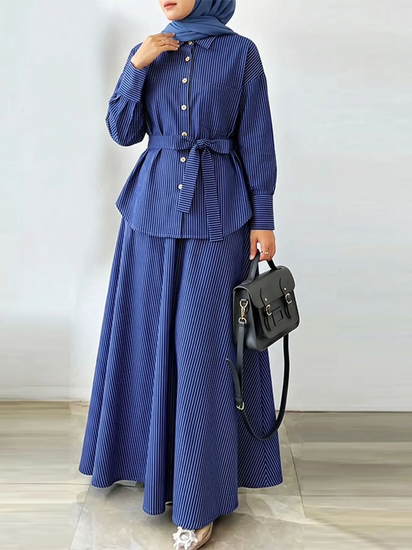 Women's Long Sleeve Striped Shirt with Belt + A-Line Skirt Two Piece Set, Casual Loose-Fitting Suit, Spring & Fall Fashion, Mid Waist, Regular Length, Matching Sets
