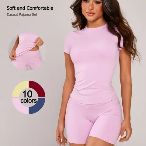 Two-piece Set Women's Solid Round Neck Tee & Biker Shorts Sportswear Set, Fitness Clothing Set, Sporty Casual Breathable Outfits for Gym Workout Running, Ladies Summer Sportswear