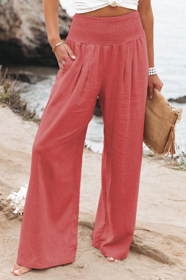 Women's Spring/Summer Beach Vacation Style Pants, Casual Wide-Leg Cotton-Linen Loose-Fit Trousers, Popular Beachwear Matching Pants for Women