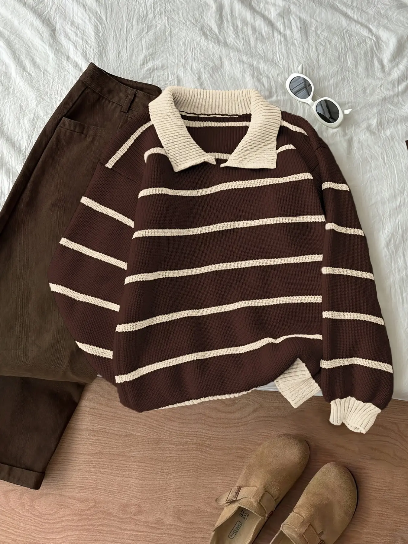 Women's Polo Neck Striped Ribbed Knit Sweater, Elegant Daily Commute Style, Long Sleeve Loose-Fitting Pullover for Fall & Winter