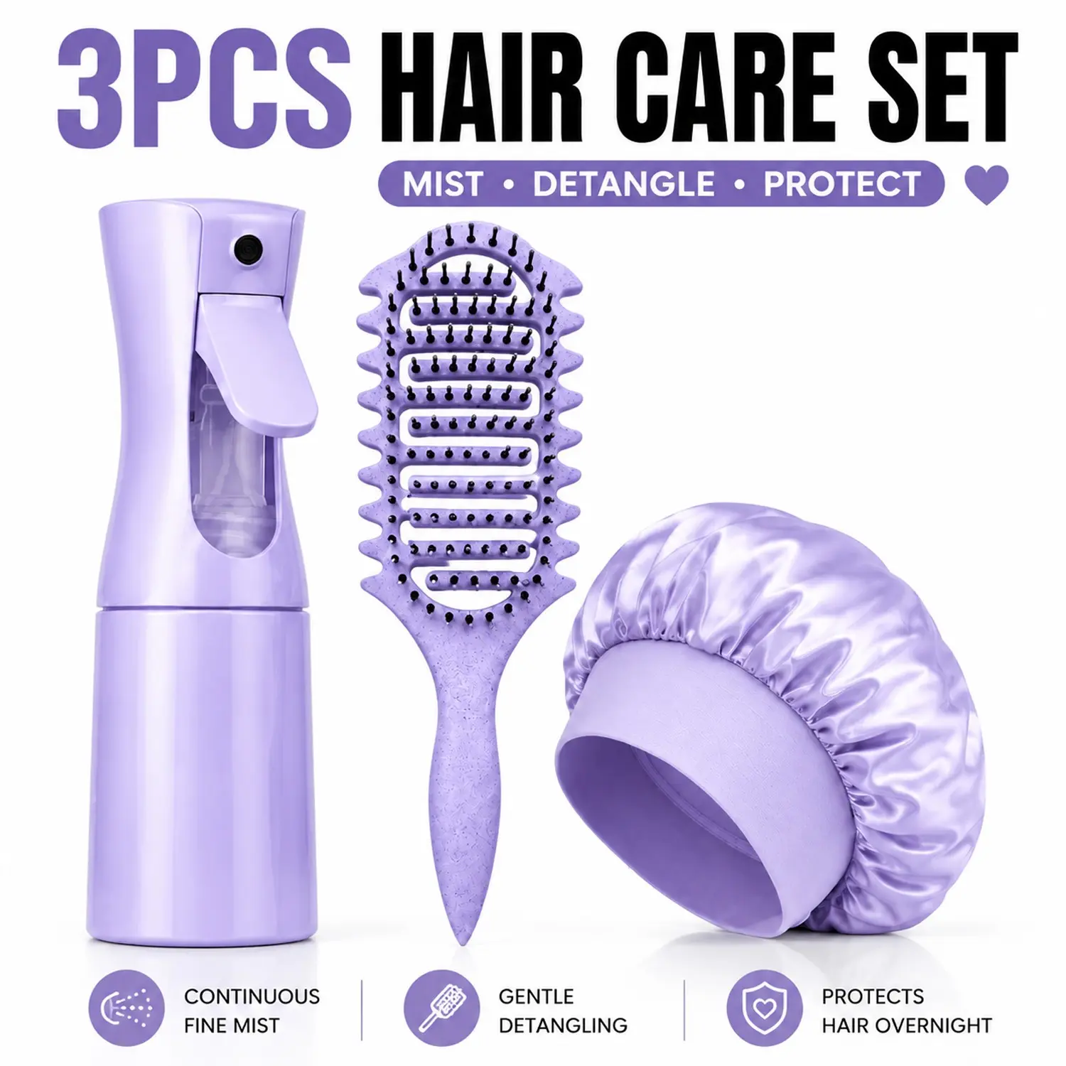 3PCS Hair Styling Tool Set with Continuous Mist Spray Bottle, Flexible Vent Detangling Brush & Satin Sleep Bonnet for Curly, Wavy, Thick and Natural Hair, Detangling Hairbrush
