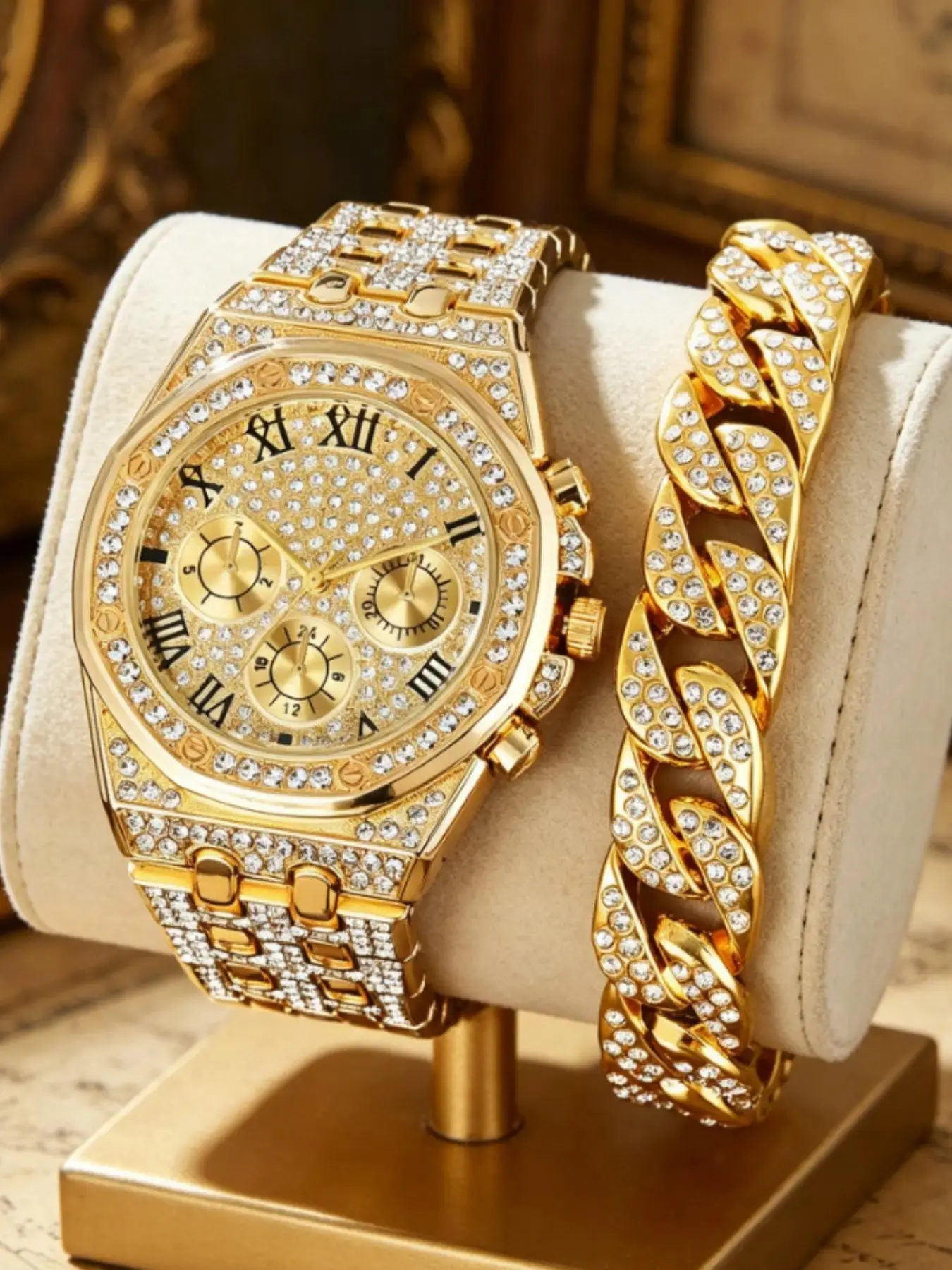 Men's Full Diamond Roman Quartz Exquisite Watch Set, Cuban Chain Included, Luxury Business Hip-Hop Style, 2 Pcs Pack, Watch Gift Set, All Seasons Wear, Quartz Wristwatch, Classic Analog Watch