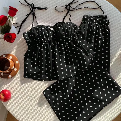 Fashion Polka Dot Halter Top Wide Leg Pants Set, Stylish Summer Beach, Casual Wear for Women, Trendy Two-Piece Ensemble