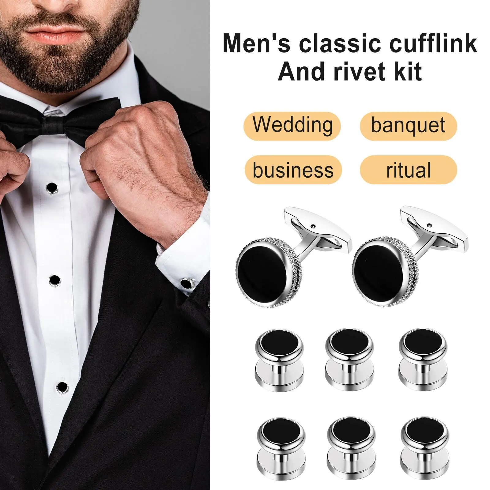 Men's Tuxedo Set with Cufflinks and Studs, 8-Piece Plain Copper Accessories with a Smooth Edge for Business, Wedding, Party
