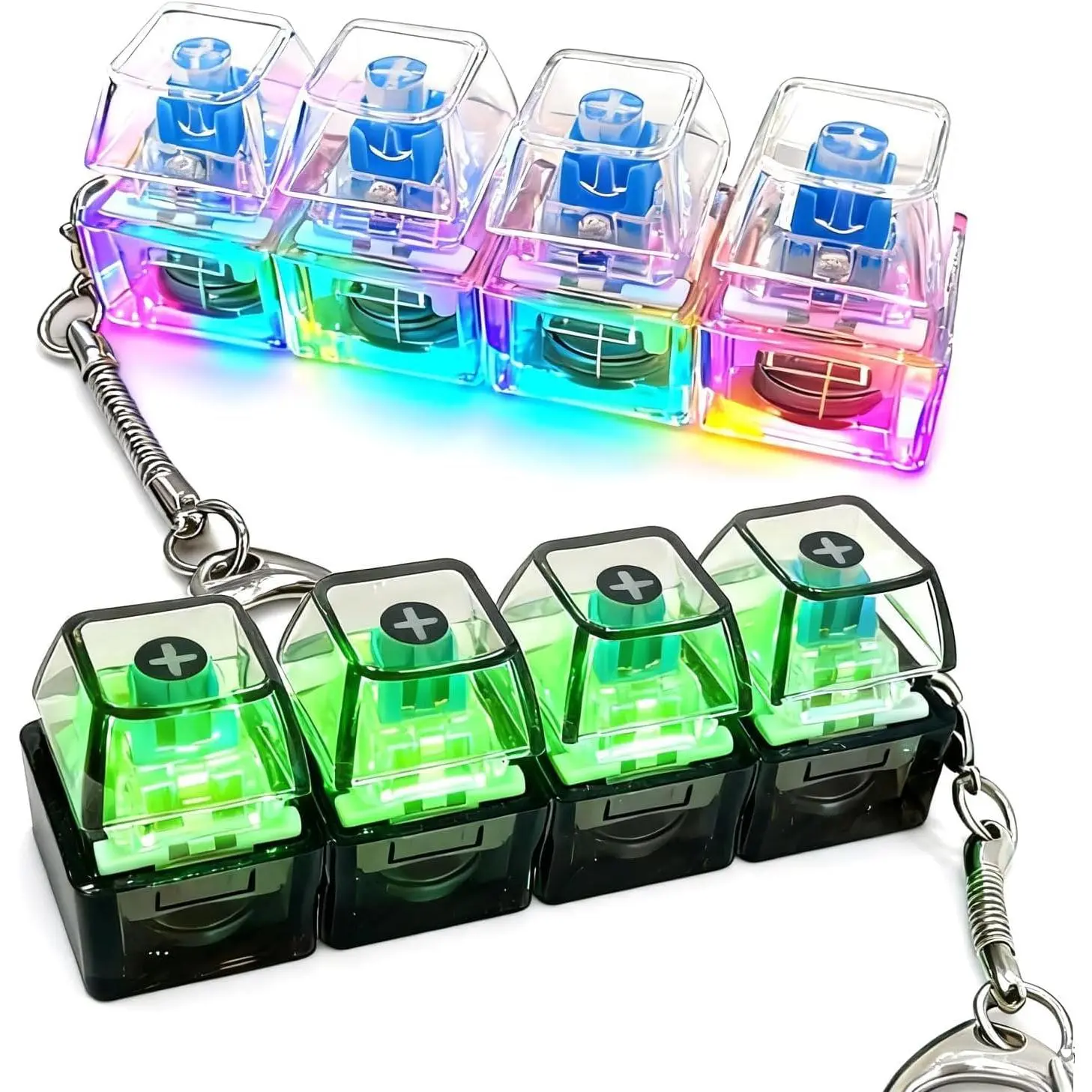 1/2 Pack Keyboard Fidget Keychain,4-in-1 Stress Relief ClickerToy with LED Lights,Keyboard Button Finger Clicker for Anxiety Relief