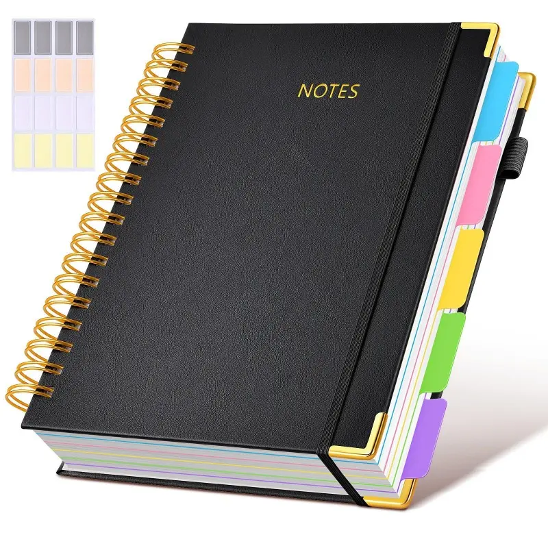 This A5 hardcover spiral notebook, Business notebook, includes 5 removable dividers and sticky notes/labels, it features 300 pages of faux leather-textured inner pages made of 100GSM paper, suitable for office work, school care, and daily note-taking