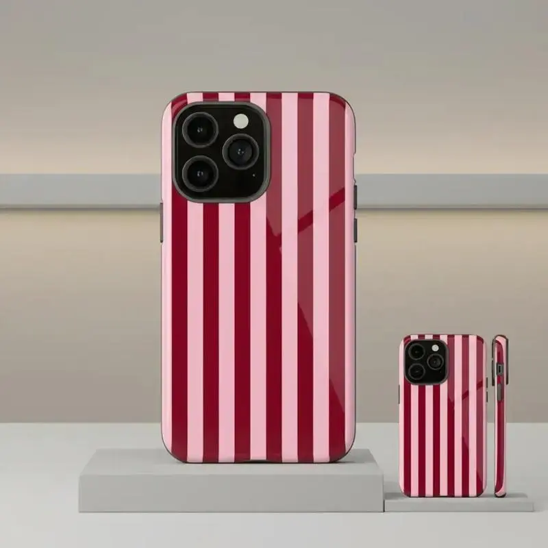 Burgundy and pink striped, eye-catching candy-striped rugged 2-in-1 phone case featuring a durable, shock-absorbing, and stylish design. Compatible with iPhone 17 Promax 16 Plus 15 14 13 12 11 & Samsung Galaxy S25 Ultra S24 S23 FE S22 S21.MFL69