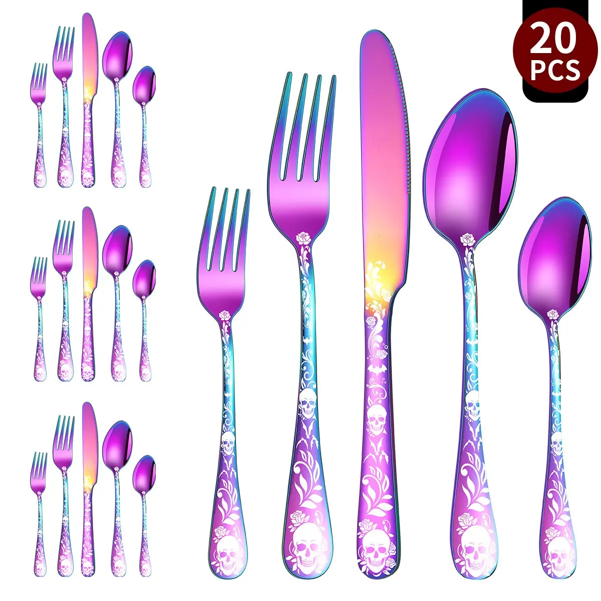 20pcs Skull Pattern Stainless Steel Flatware Set, Vintage Gothic Halloween Cutlery, Kitchen Dining Party Essentials, Unique Halloween Decor