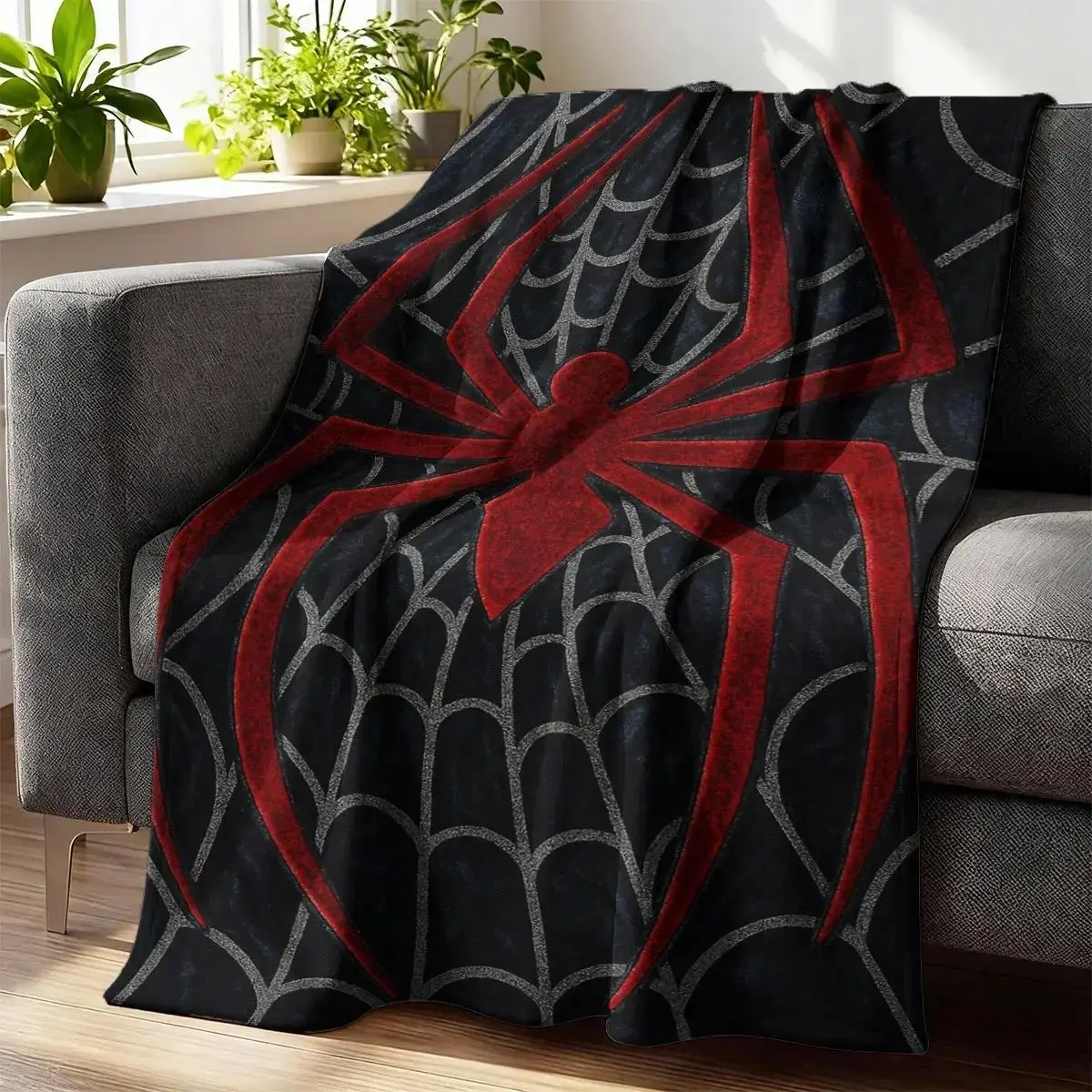 Black Red Spider Inspired Flannel Throw Blanket, cooling blankets cooling blanket blankets quince bedding, Comic Hero Style Ultra Soft Plush Cozy Blanket Sofa Bed Couch Home Decor Holiday Gift For Superhero Art Enthusiasts